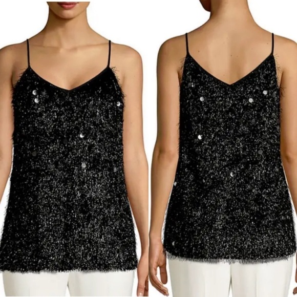 $498 NWT Lafayette 148 Medium Black Averie Fringe Sequin Tank Top Camisole - Picture 1 of 9